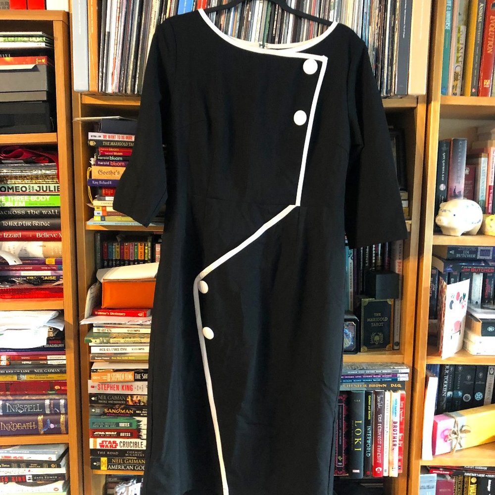 Grace and Glam Size XL Black Pencil Dress with White Button and Trim